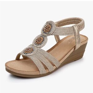 SHIBEVER Champagne Open Toe Rhinestone Wedge Boho Sandals Size 40 US 8.5